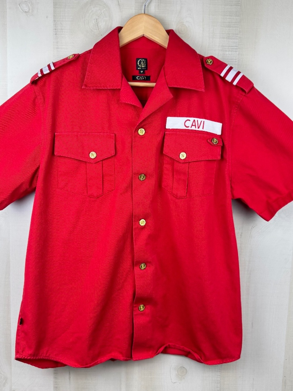 Y2K Cavi Men’s Military Style Short Sleeve Button Up Shirt Red Epaulettes Medium